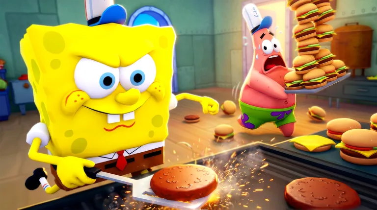 Official key art of SpongeBob flipping a patty on the grill while Patrick carries a tall stack of burgers.